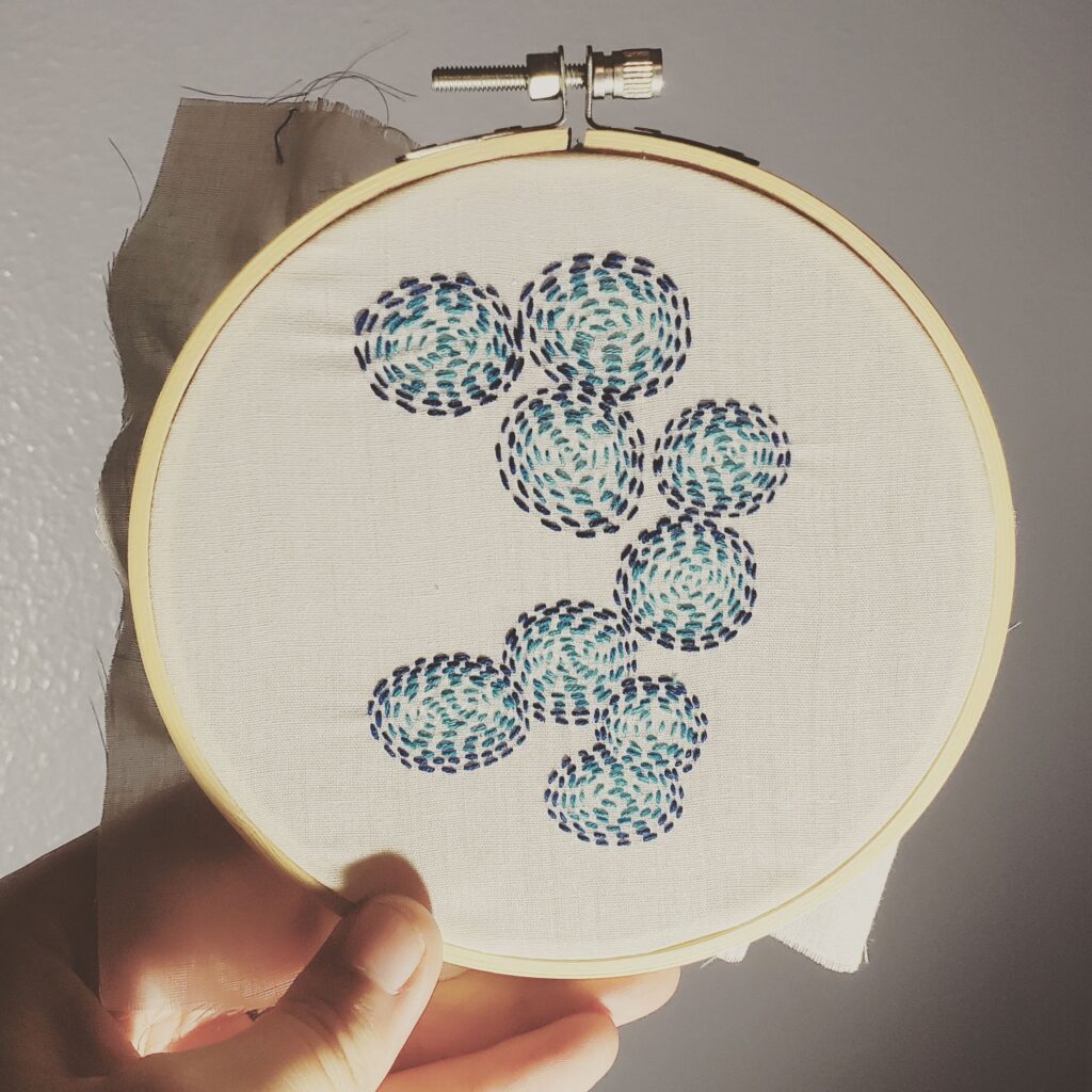 Embroidery hoop with outwarding expanding embroidered circles. the insides are light blue and then dark blue.
