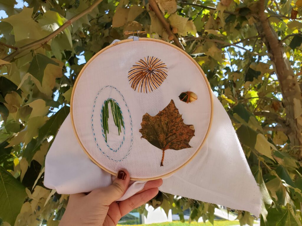 Embroidery in hoop inspired by art and nature at Cullen Sculpture Park.